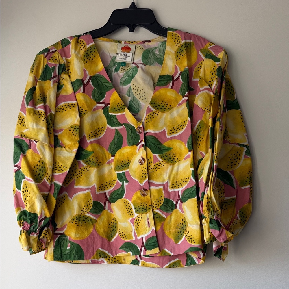 Farm Rio Pink Lemon-Print Button Blouse